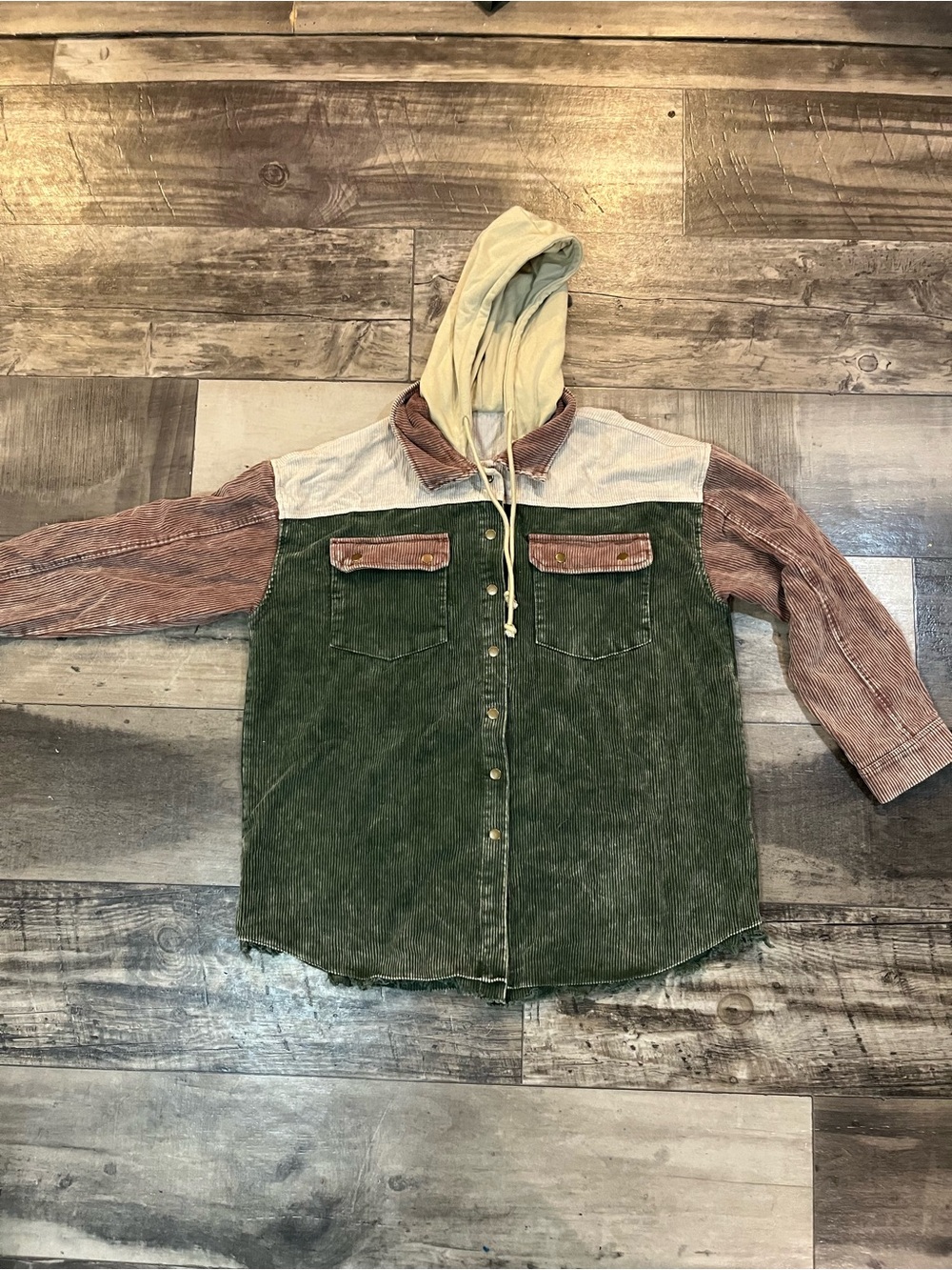 Women’s 2XL Colorblock Corduroy Hooded Shacket Green Brown Cream